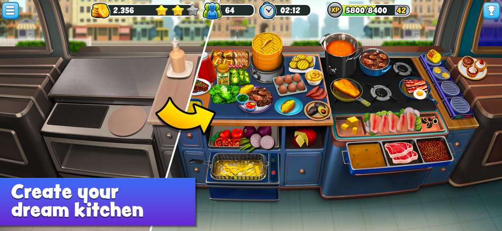 Food Truck Chef™: Cooking Game - A before and after comparison showing a basic kitchen layout being transformed into a fully equipped professional food truck kitchen.
