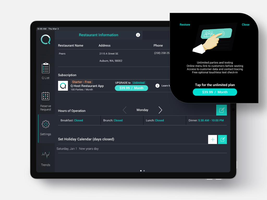 Q Host Restaurant App - iPad-Screenshot der Einstellungsseite der Q Host Restaurant App, der Restaurantinformationen und Optionen für Abonnement-Upgrades anzeigt