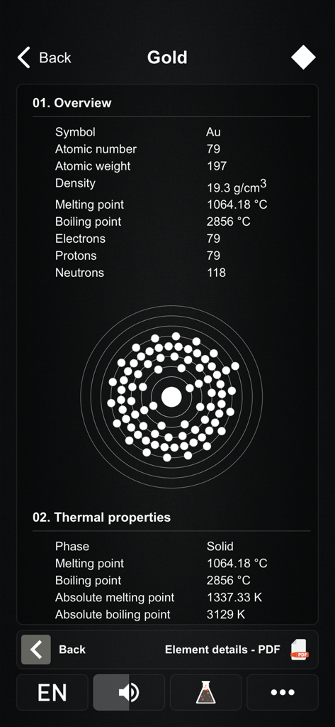 Periodic Table PRO - Periodic Table PRO app interface showing the chemical properties and atomic structure simulation for Gold