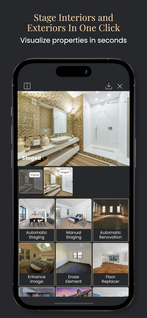 Stager AI mobile app interface showing a staged bathroom and various property editing features like automatic staging and renovation.