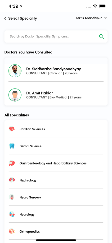 The specialty selection screen of the myFortis app listing medical departments and previously consulted doctors