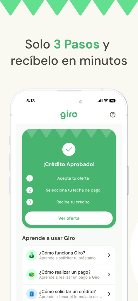 Giro Crédito - Interface do aplicativo Giro Crédito mostrando uma tela de crédito aprovado com três etapas simples para receber fundos em minutos.