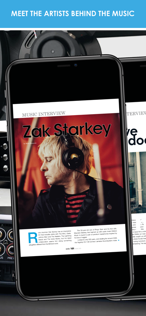 hi-fi+ Global Network - Smartphone screen displaying a music interview with Zak Starkey in the hi-fi plus Global Network app.