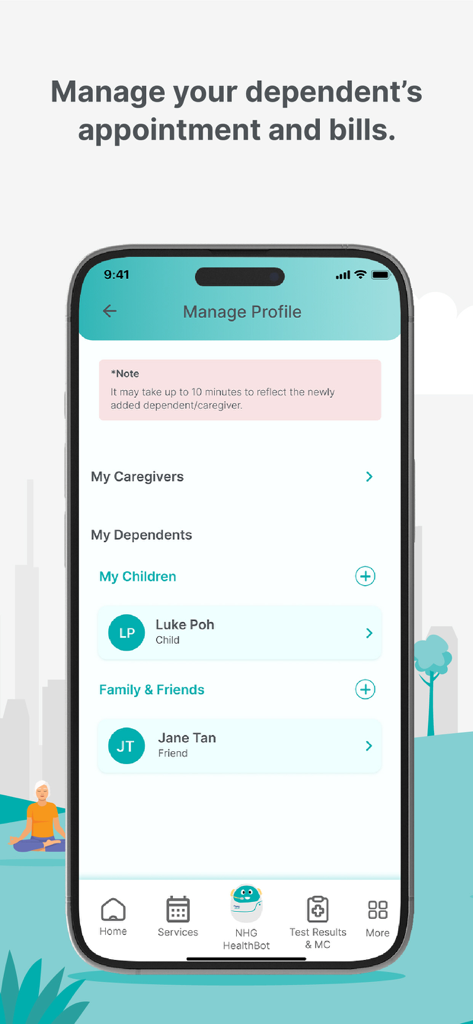 NHG Health - NHG Health 앱 관리 프로필 화면, 가족 건강 조정을 위한 보호자 및 부양가족 목록 표시