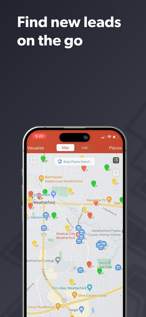 Badger Maps: #1 Route Planner - Badger Maps App-Oberfläche, die eine Karte mit Markierungen für lokale Verkaufsleads und Geschäftskonten anzeigt.