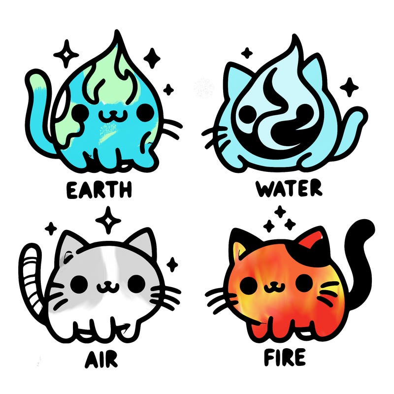 4 cats that represent the different elements, earth, water, air, and fire