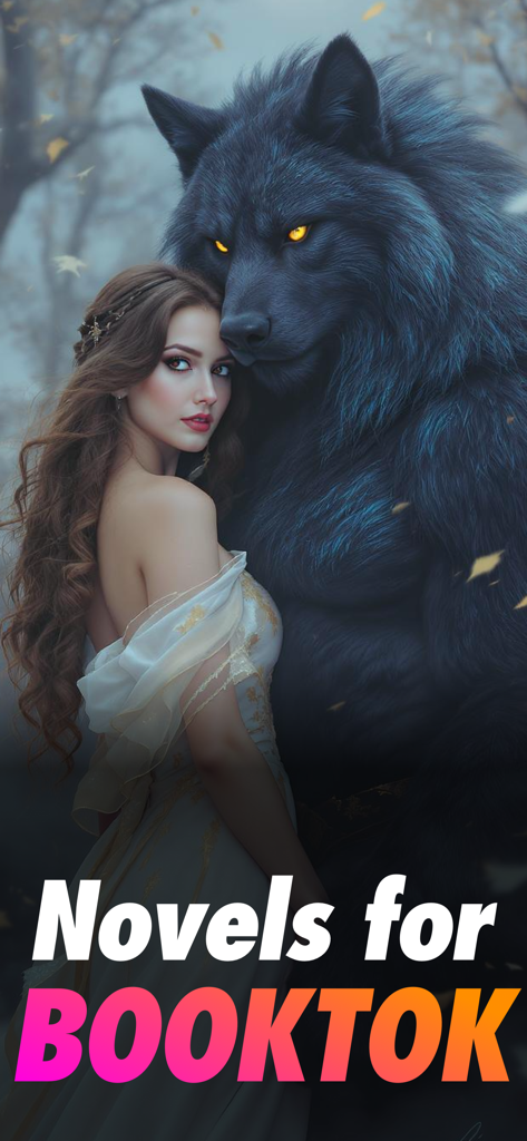 Jupi Novels & Booktok - Eine Frau und ein großer schwarzer Werwolf in einer Romantasy-Szene mit dem Text Novels for Booktok