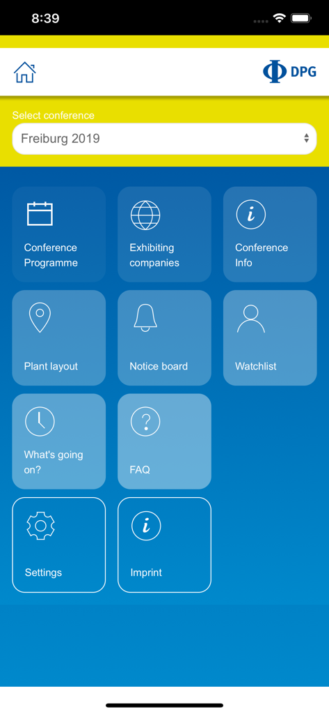 DPG Spring Meetings - DPG 봄 학회 앱의 메인 메뉴로, 학회 프로그램 및 정보에 대한 탐색 아이콘을 표시합니다.