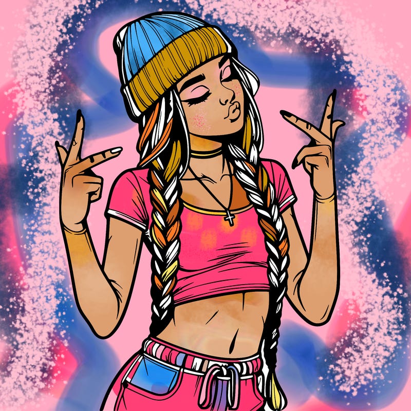 realistic teenage girl with braids and a beanie and crop top doing 🫶🏼