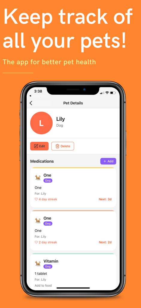 Pet Meds Reminder - Pet Meds Reminderアプリの投薬スケジュールと犬の健康の詳細を表示するインターフェース