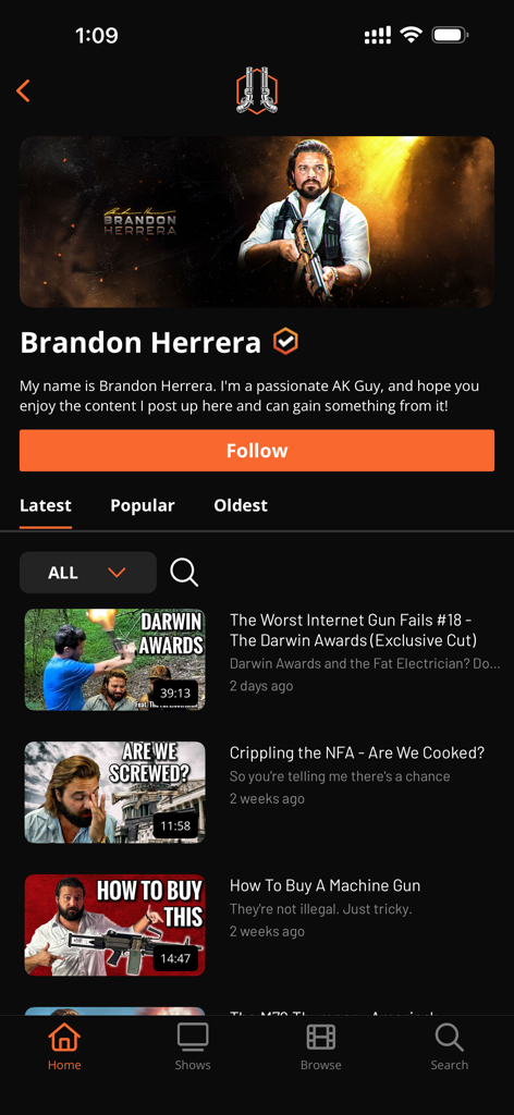 Creator-Profil von Brandon Herrera in der Pepperbox TV-App mit seinen Videos zum Thema Schusswaffen