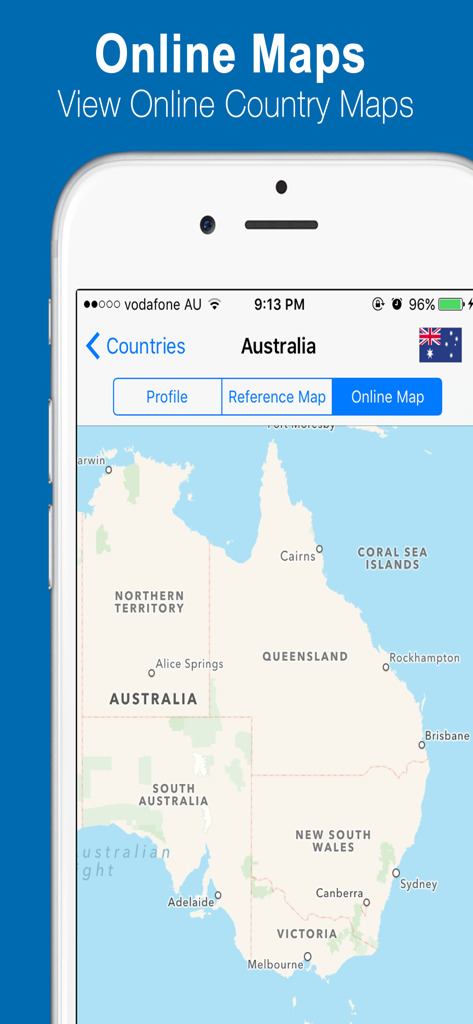 A screenshot of the World Factbook plus app showing an online map of Australia with its states and territories