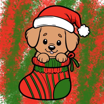 cute puppy wearing santa hat in socking