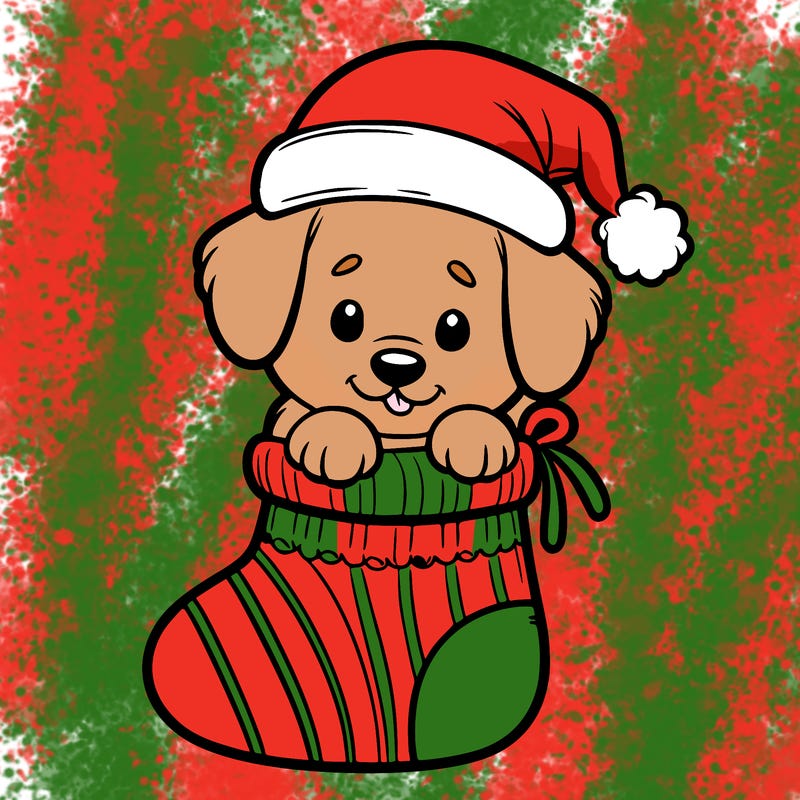 cute puppy wearing santa hat in socking