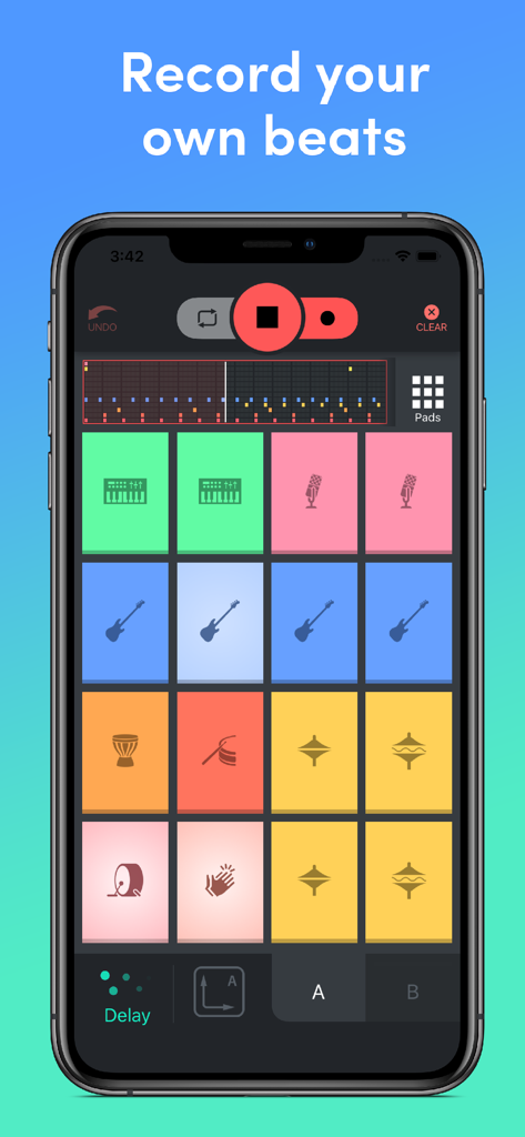 Beat Snap - Music & Beat Maker - Mobile app interface of Beat Snap with colorful instrument pads and recording tools