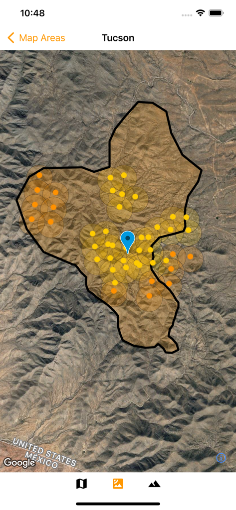 Fireguard Wildfire Tracker - Satellite map of Tucson in the Fireguard app showing wildfire hotspots and incident markers
