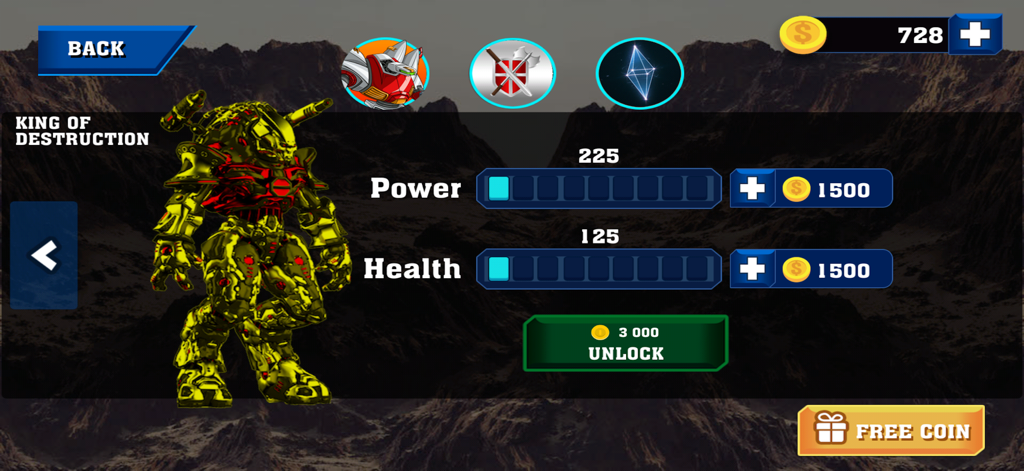 Character upgrade menu for the golden King of Destruction robot in the Robot Battle mobile game