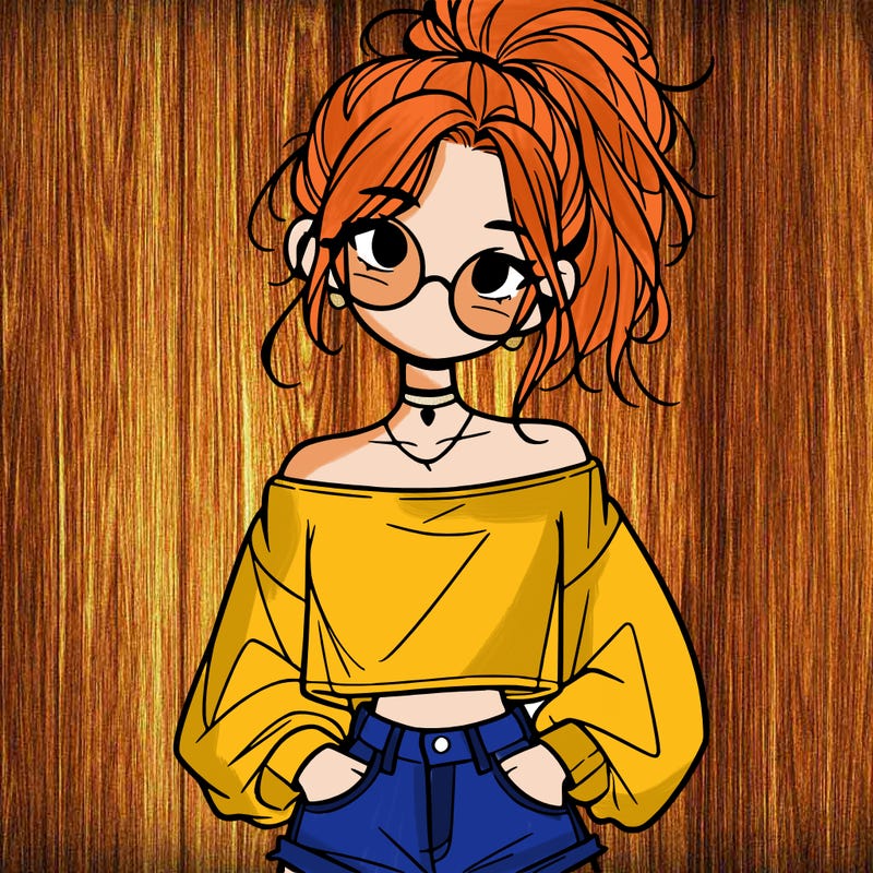 girl with a messy ponytail glasses a baggy crop top and jean shorts