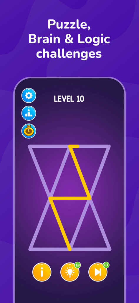 CrazyGames: Play 1500+ Games - Uma tela de jogo de quebra-cabeça lógico do aplicativo CrazyGames mostrando um desafio de linha geométrica no Nível 10.