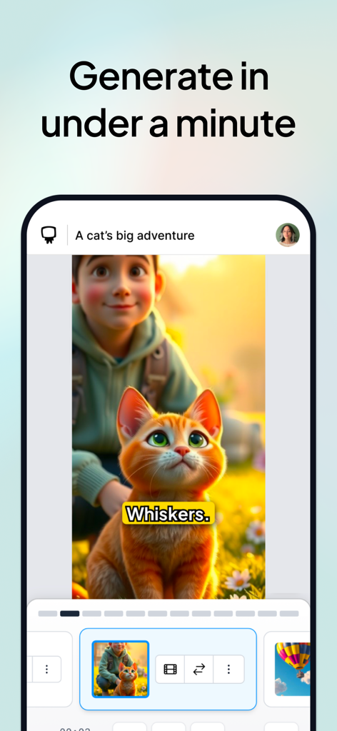 Hypernatural: AI Video Stories - Hypernatural app interface showing rapid AI video creation for a story titled A cats big adventure.