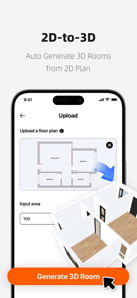 Homestyler-3D Home Decor - Écran d'application mobile montrant la conversion automatique d'un plan d'étage 2D en modèle de pièce 3D