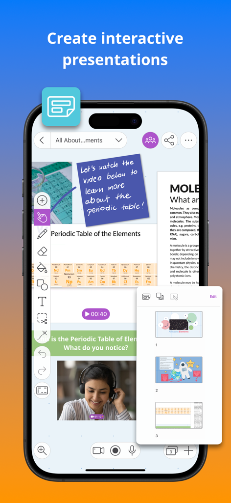 Explain Everything Whiteboard - Smartphone screen showing the Explain Everything Whiteboard app with an interactive periodic table lesson featuring video and slide navigation