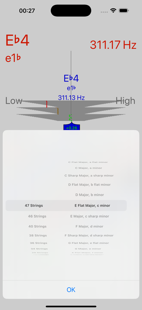 Harp Tuner - Interfaz de la aplicación Harp Tuner mostrando la configuración de afinación para 47 cuerdas y la tonalidad de Mi bemol mayor.