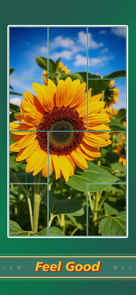 Jigsaw Puzzle Art: Relax Book - A sunflower jigsaw puzzle with Feel Good text from the Relax Book app.