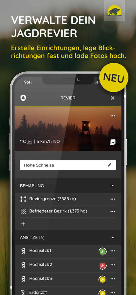 Jagdwetter - Jagdwetter app interface on a smartphone showing hunting territory management features and high seat locations