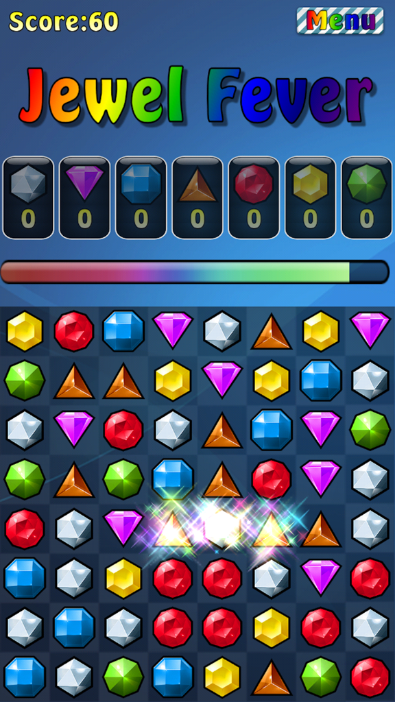 Jewel Fever - A match-3 puzzle game board from Jewel Fever featuring colorful gems and sparkling match effects