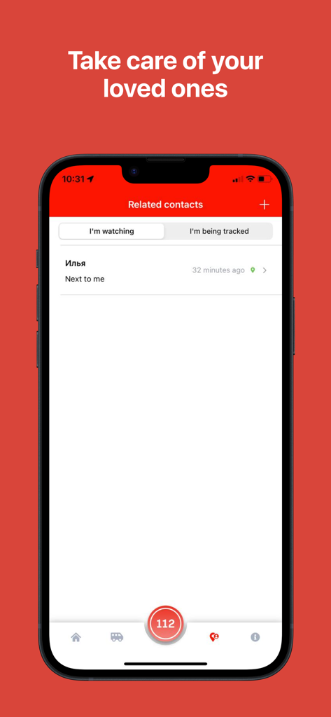112 МО - Screenshot of the 112 MO app showing the related contacts screen for family safety and location tracking.