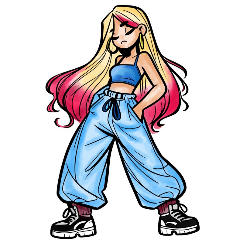 girl in baggy pants crop top and long hair
