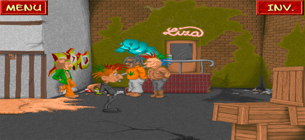 Polda - A screenshot from the point and click adventure game Polda showing the detective protagonist talking to several characters in an urban alley.