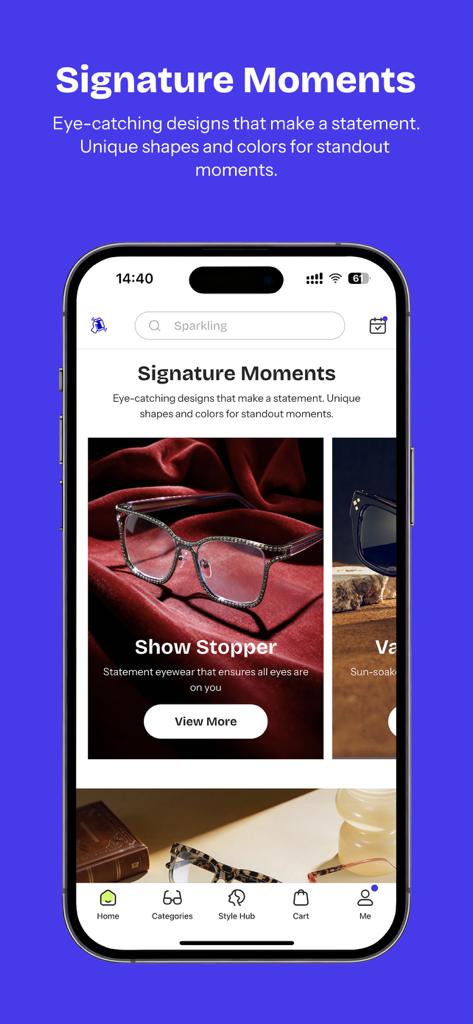 Zeelool - Eyewear For Everyday - Écran de l'application mobile Zeelool montrant des collections de lunettes signature tendance et des montures audacieuses.