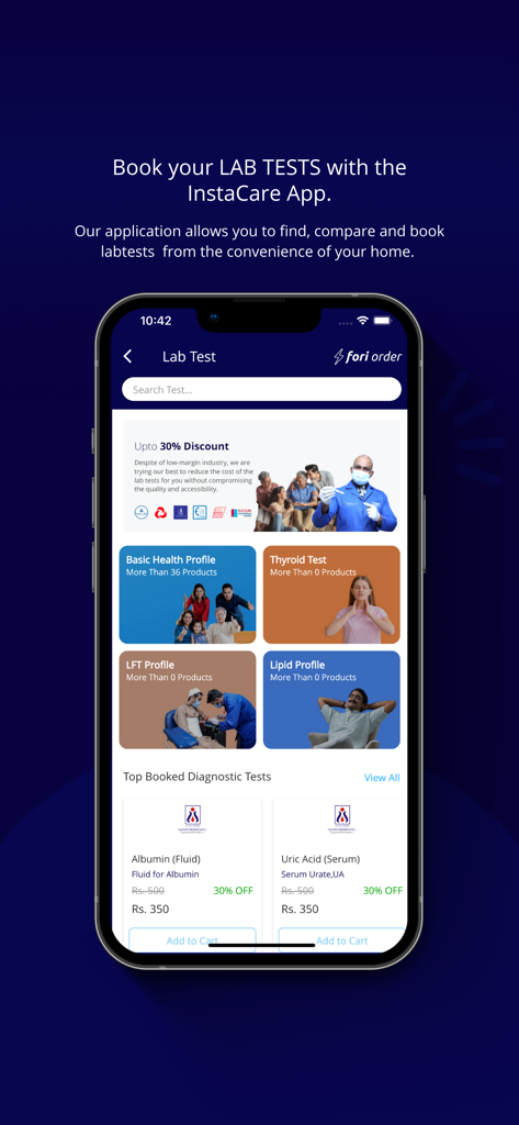 Interface mobile de l'application InstaCare montrant les catégories de tests de laboratoire et les options de réservation pour les services de diagnostic
