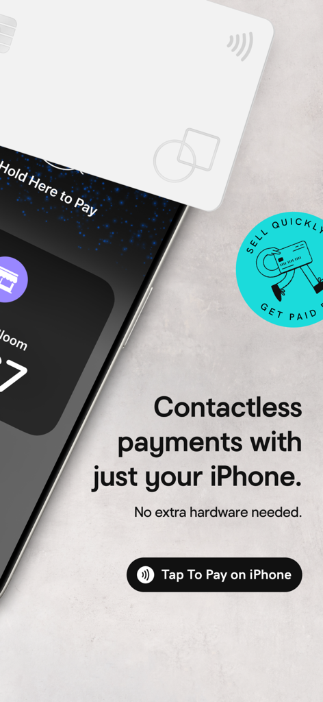 Interfaccia dell'app GoDaddy Commerce che mostra pagamenti contactless tramite Tap to Pay su iPhone senza hardware aggiuntivo.