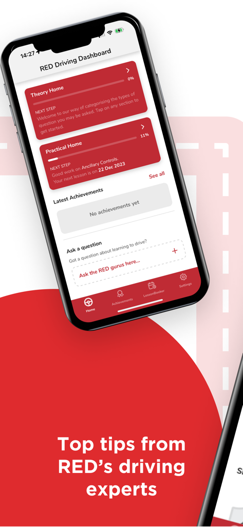 Learn to Drive with RED - A mobile app dashboard for driving lessons showing theory and practical progress tracking