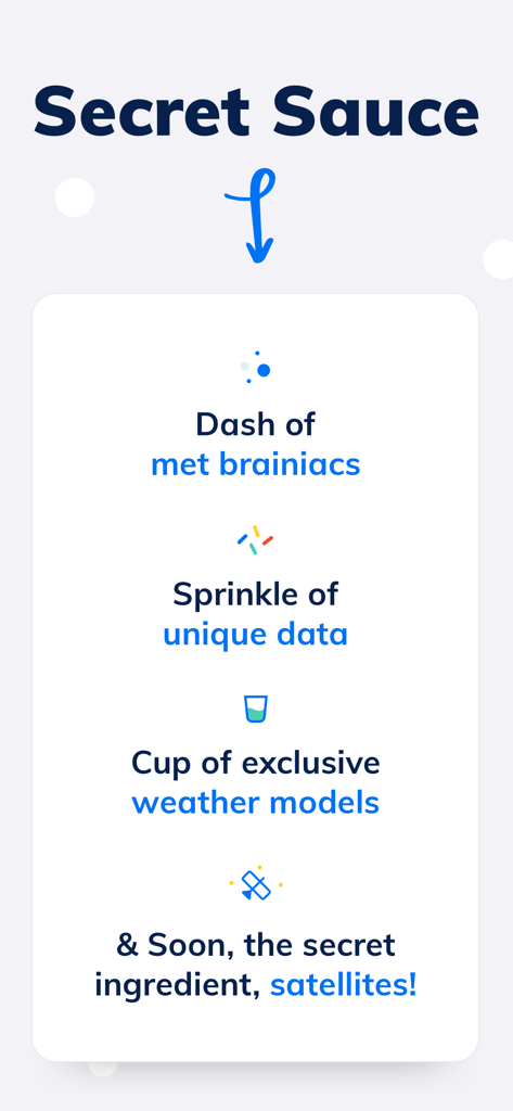 Tomorrow.io: Weather Forecast - Tomorrow.io app screen showing its unique weather data sources and modeling ingredients