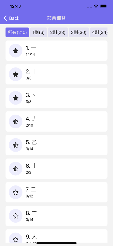 倉頡/速成練習工具 - Pantalla de práctica de radicales de la herramienta de entrada rápida Cangjie con categorías de recuento de trazos