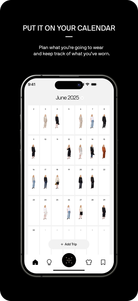 Alta Daily mobile app interface showing a monthly calendar view for planning and tracking daily outfits