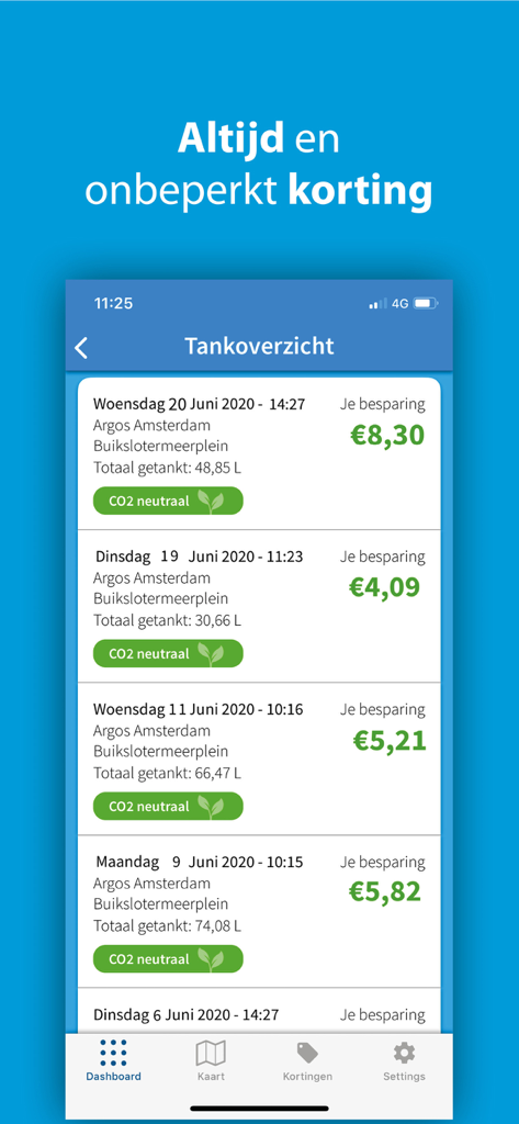 Tankey - Goedkoop tanken - Tankey app transaction history showing fuel discounts and CO2 neutral savings