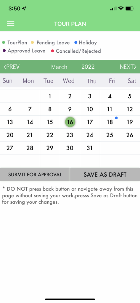 Sefmed Pharma - Sefmed Pharma app tour plan interface displaying a monthly calendar with leave and holiday indicators