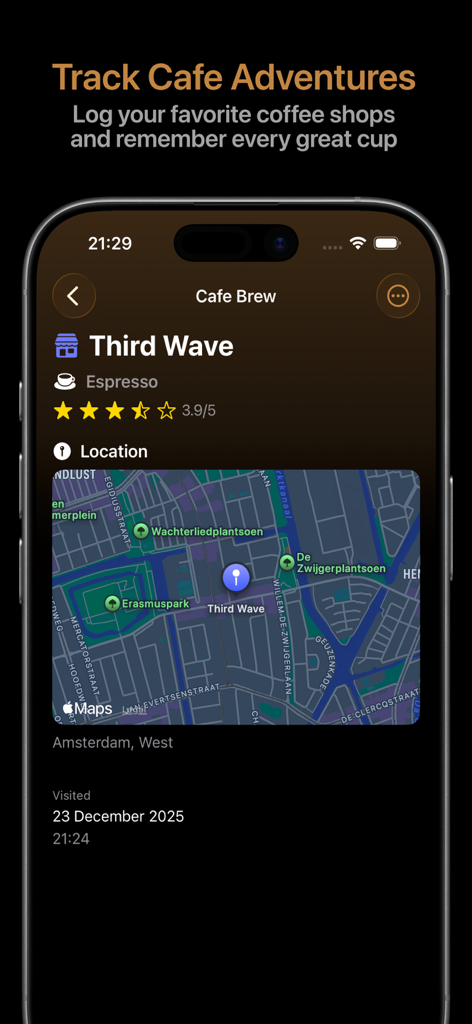 Beanstats app interface for tracking and rating coffee shop visits