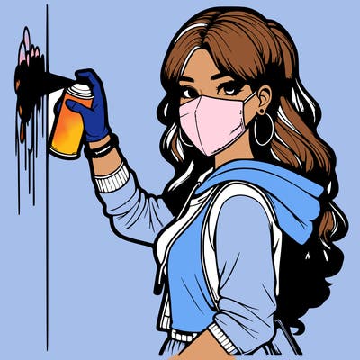 realistic girl with mask spray painting a wall