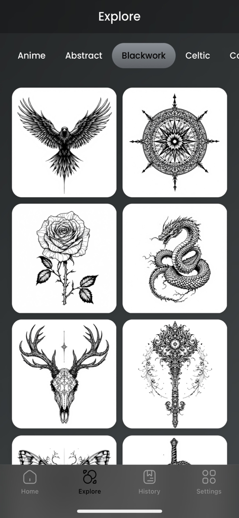 AI Tattoo Designer : Generator - AI Tattoo Designer app explore screen showing a collection of blackwork style tattoo designs including a rose, dragon, and eagle.