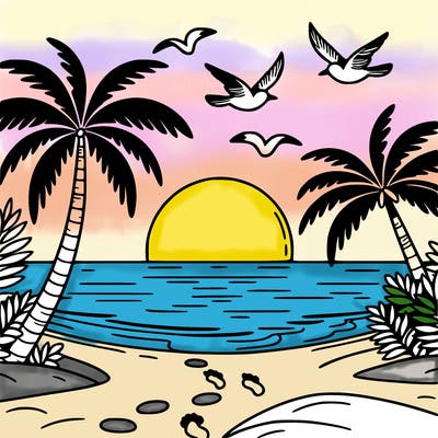 sunset at the beach with palm trees and birds