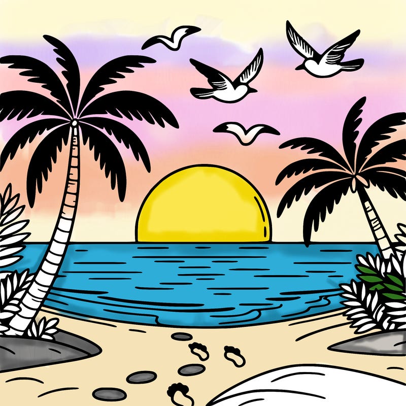 sunset at the beach with palm trees and birds