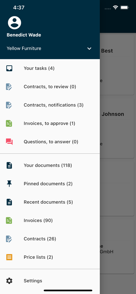 Next® Go - El menú de navegación de la aplicación Next Go mostrando tareas profesionales y listas de documentos.