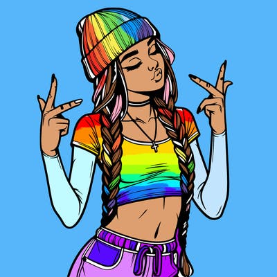 realistic teenage girl with braids and a beanie and crop top doing 🫶🏼