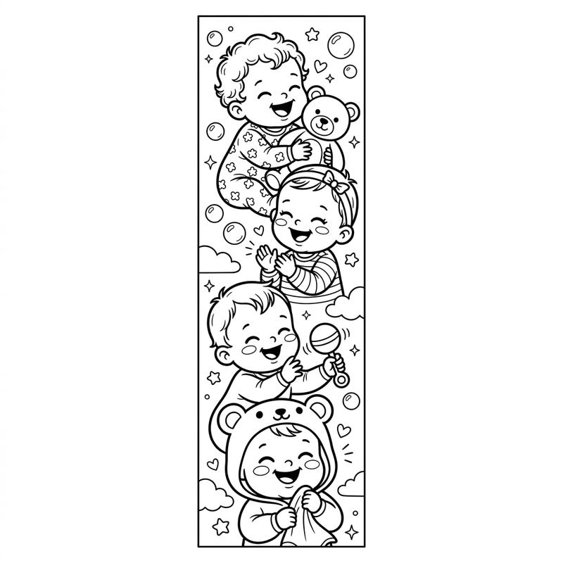 Dive into a world of pure happiness with this charming smiling babies bookmark coloring page. Each adorable infant is brimming with joy, ready for you to bring their expressions to life with your favorite colors.